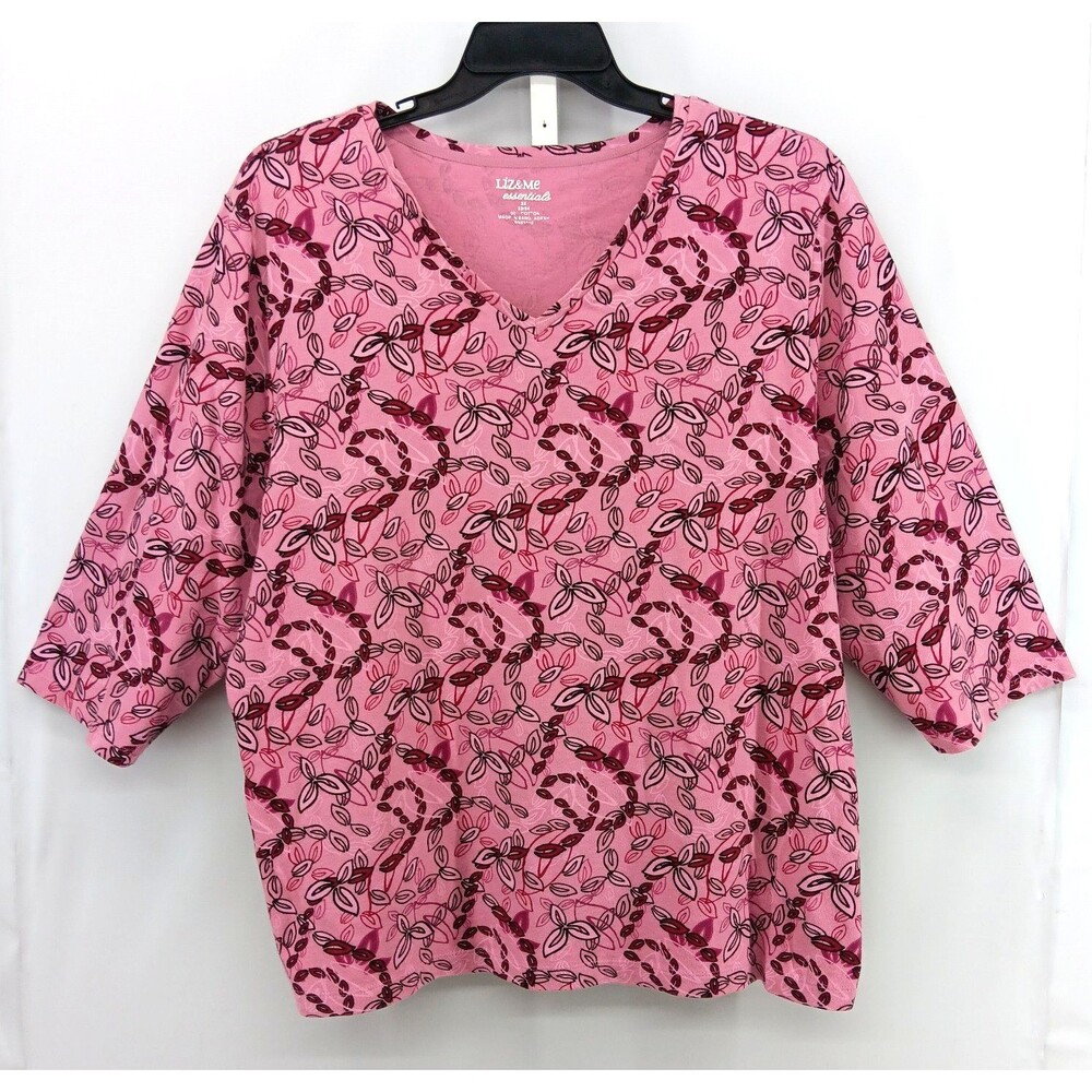 LIz & Me Essentials Shirt Womens Size 2X Pink Floral 3/4 Sleeve V Neck Top